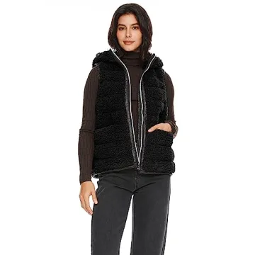 Orolay Women's Casual Fleece Down Vest Warm Outwear Shearling Shaggy Short Vest with Hood Black L