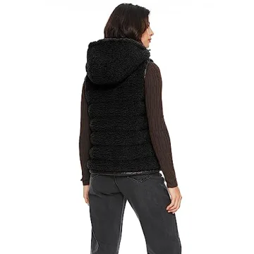 Orolay Women's Casual Fleece Down Vest Warm Outwear Shearling Shaggy Short Vest with Hood Black L