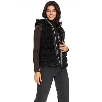 Orolay Women's Casual Fleece Down Vest Warm Outwear Shearling Shaggy Short Vest with Hood Black L