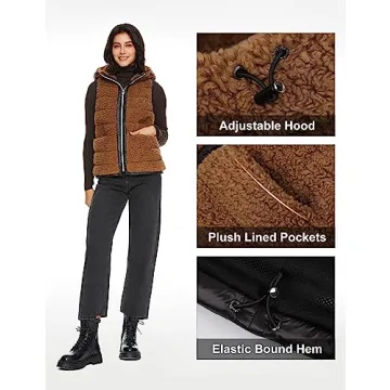 Orolay Women's Casual Fleece Down Vest Warm Outwear Shearling Shaggy Short Vest with Hood Black L