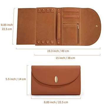 ROWNYEON Travel Jewelry Organizer Case Leather Jewelry Roll Journey Storage Bag for Earrings, Rings, Necklaces, Bracelets (Brown)