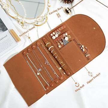 ROWNYEON Travel Jewelry Organizer Case Leather Jewelry Roll Journey Storage Bag for Earrings, Rings, Necklaces, Bracelets (Brown)