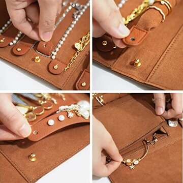 ROWNYEON Travel Jewelry Organizer Case Leather Jewelry Roll Journey Storage Bag for Earrings, Rings, Necklaces, Bracelets (Brown)