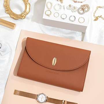 ROWNYEON Travel Jewelry Organizer Case Leather Jewelry Roll Journey Storage Bag for Earrings, Rings, Necklaces, Bracelets (Brown)