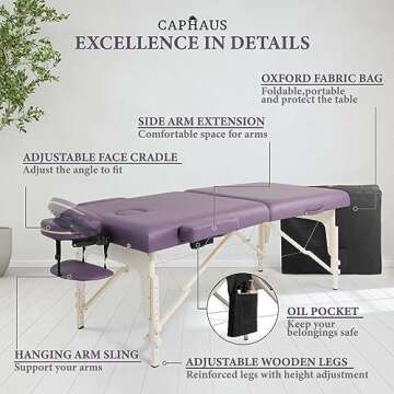 CAPHAUS Premium Memory Foam Massage Table, 84 Inch Foldable & Portable Massage Bed, Height Adjustable Spa Bed, Facial Cradle Salon Bed Wooden Legs & Carry Case, 32 Inch Wide, Purple