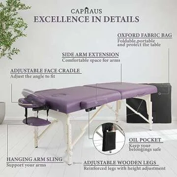 CAPHAUS Premium Memory Foam Massage Table, 84 Inch Foldable & Portable Massage Bed, Height Adjustable Spa Bed, Facial Cradle Salon Bed Wooden Legs & Carry Case, 32 Inch Wide, Purple