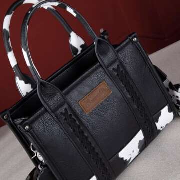 Wrangler Cow Print Purse Tote Bag for Women Black Satchel Crossbody Top Handle Handbags with Adjustable Strap LG-WG102-8120SBK