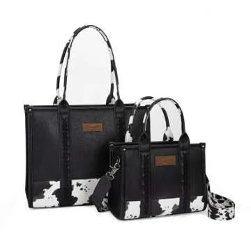 Wrangler Cow Print Purse Tote Bag for Women Black Satchel Crossbody Top Handle Handbags with Adjustable Strap LG-WG102-8120SBK