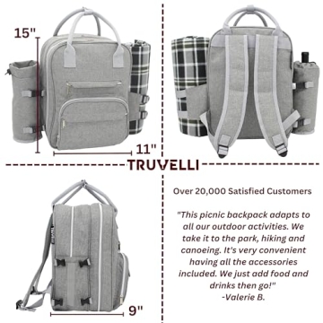 Truvelli Picnic Backpack for Adventures, Grey 12-in-1 Insulated Picnic Backpack for 2, Great Alternative to a Bulky Picnic Basket Set, Romantic Picnic Set for 2, Picnic Basket for 2, Picnic Bag