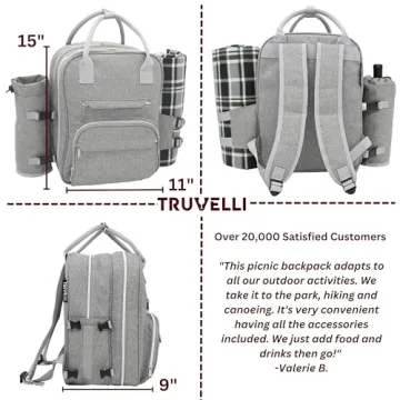 Truvelli Picnic Backpack for Adventures, Grey 12-in-1 Insulated Picnic Backpack for 2, Great Alternative to a Bulky Picnic Basket Set, Romantic Picnic Set for 2, Picnic Basket for 2, Picnic Bag