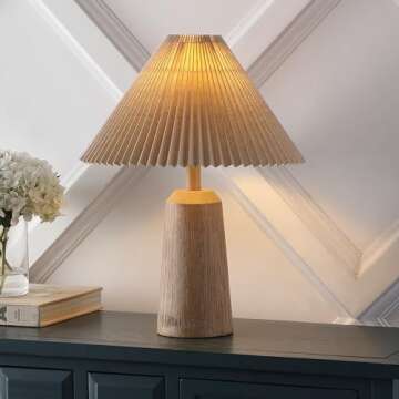 JONATHAN Y JYL1146A Arvid 20.5" Rustic Scandinavian Resin/Iron Lighthouse LED Table Lamp with Pleated Shade, Beige Wood Finish, for Bedroom, Living Room, Entry Console