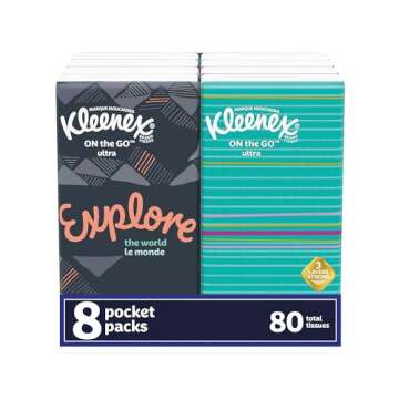 Kleenex 46651 On The Go Packs Facial Tissues, 3-Ply, White, 10 Sheets/Pouch, 8 Pouches/Pack