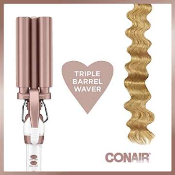 Conair Double Ceramic 3 Barrel Curling Iron, Hair Waver, Create Beachy Waves, Long-Lasting Natural Tight Waves for all Hair Lengths, White / Rose Gold