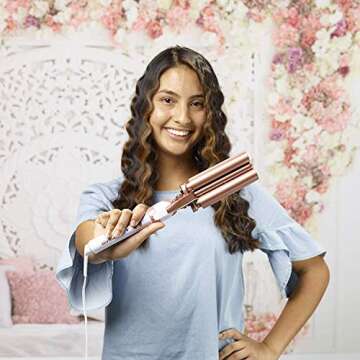 Conair Double Ceramic 3 Barrel Curling Iron, Hair Waver, Create Beachy Waves, Long-Lasting Natural Tight Waves for all Hair Lengths, White / Rose Gold
