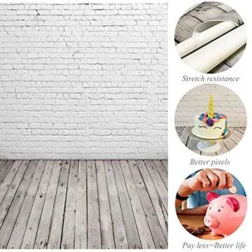 HUAYI 5X7ft White Brick Wall with Gray Wooden Floor Photography Vinyl Backdrop D-2504