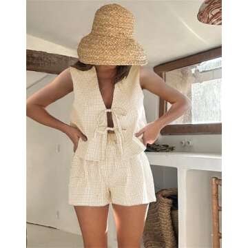 Women Casual Summer Lounge Set Y2k 2 Piece Outfits Set Sleeveless Tie Front Tank Top Vest Boxer Shorts Pj Set (Khaki, S)
