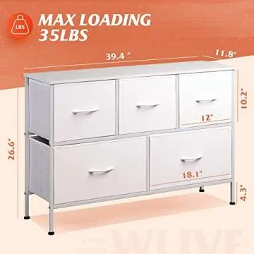 WLIVE Dresser with 5 Drawers, Dressers for Bedroom, Fabric Storage Tower, Hallway, Entryway, Closets, Sturdy Steel Frame, Wood Top, Easy Pull Handle (White)