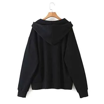 Meladyan Women's Oversized Solid Zip Up Drawstring Long Sleeve Fleece Vintage Pockets 90s Hooded SweatShirt Coat, Black, Medium