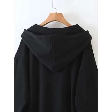 Meladyan Women's Oversized Solid Zip Up Drawstring Long Sleeve Fleece Vintage Pockets 90s Hooded SweatShirt Coat, Black, Medium