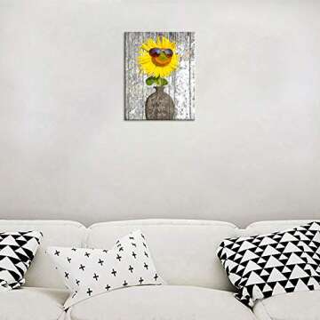 KuyiArt Cute Flower Wall Art - Rustic Sunflower Canvas