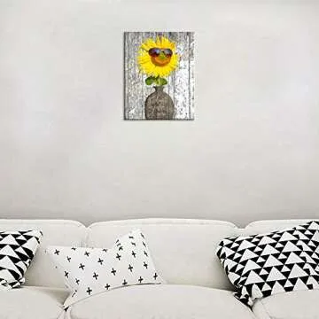 KuyiArt Cute Flower Wall Art - Rustic Sunflower Canvas