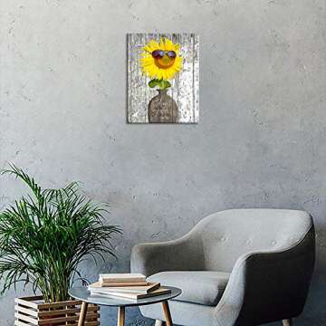KuyiArt Cute Flower Wall Art - Rustic Sunflower Canvas