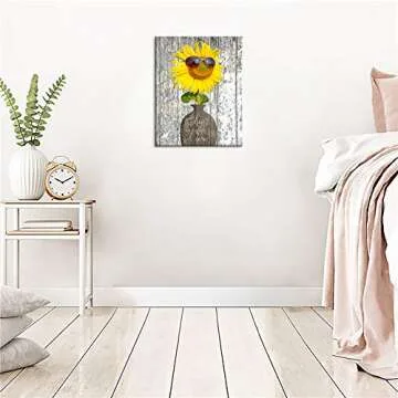 KuyiArt Cute Flower Wall Art - Rustic Sunflower Canvas