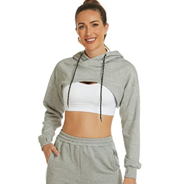 Flygo Women's Cut Out Super Cropped Hoodie Long Sleeve Hooded Sweatshirt Pullover Active Top(Grey-L)