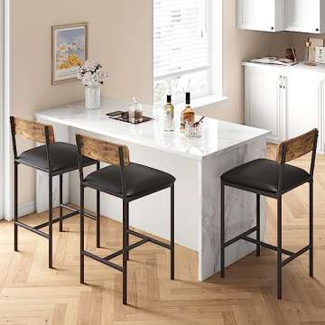 Amyove Bar Stools Set of 2, Upholstered Bar Chairs with Back, 25.5 Inches Kitchen Bar Stools with Footrest, Thick Cushion, Counter Height Barstools for Island, Counter Bar, Easy Assembly, Rustic Brown