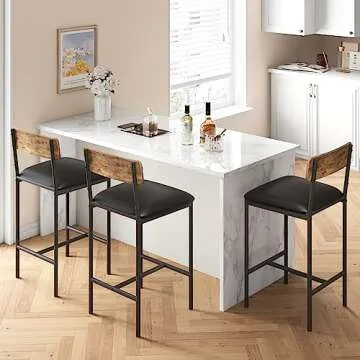 Amyove Bar Stools Set of 2, Upholstered Bar Chairs with Back, 25.5 Inches Kitchen Bar Stools with Footrest, Thick Cushion, Counter Height Barstools for Island, Counter Bar, Easy Assembly, Rustic Brown