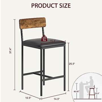 Amyove Bar Stools Set of 2, Upholstered Bar Chairs with Back, 25.5 Inches Kitchen Bar Stools with Footrest, Thick Cushion, Counter Height Barstools for Island, Counter Bar, Easy Assembly, Rustic Brown