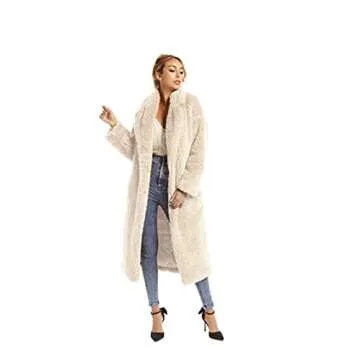 SUGAR POISON Women Faux Fur Winter Coats Comfort Warm Outerwear Open Front Long Cardigan Overcoat Jacket (Apricot, S)