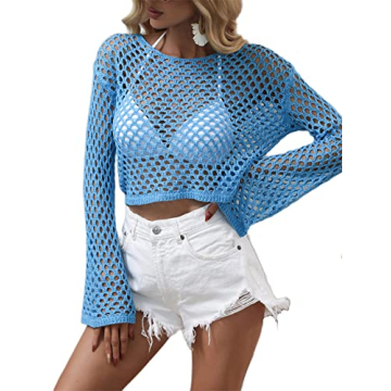 KEOMUD Women Mesh Crochet Crop Top Long Sleeve Hollow Out Knit Sweater Bikini Beach See Through Cover Ups A Blue Small