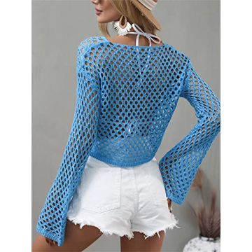 KEOMUD Women Mesh Crochet Crop Top Long Sleeve Hollow Out Knit Sweater Bikini Beach See Through Cover Ups A Blue Small