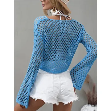 KEOMUD Women Mesh Crochet Crop Top Long Sleeve Hollow Out Knit Sweater Bikini Beach See Through Cover Ups A Blue Small