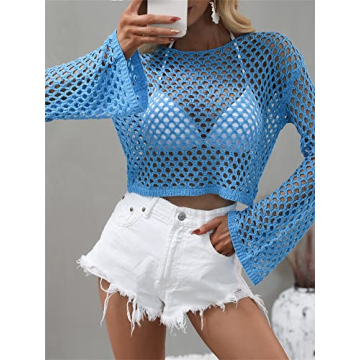 KEOMUD Women Mesh Crochet Crop Top Long Sleeve Hollow Out Knit Sweater Bikini Beach See Through Cover Ups A Blue Small