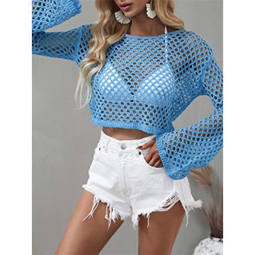 KEOMUD Women Mesh Crochet Crop Top Long Sleeve Hollow Out Knit Sweater Bikini Beach See Through Cover Ups A Blue Small
