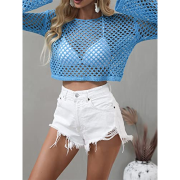 KEOMUD Women Mesh Crochet Crop Top Long Sleeve Hollow Out Knit Sweater Bikini Beach See Through Cover Ups A Blue Small