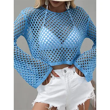 KEOMUD Women Mesh Crochet Crop Top Long Sleeve Hollow Out Knit Sweater Bikini Beach See Through Cover Ups A Blue Small