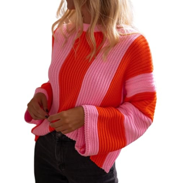 InterNos Womens Striped Bell Sleeve Pullover Sweater Loose Color Block Crew Neck Vertical Knitwear(0957-Pink-XS)