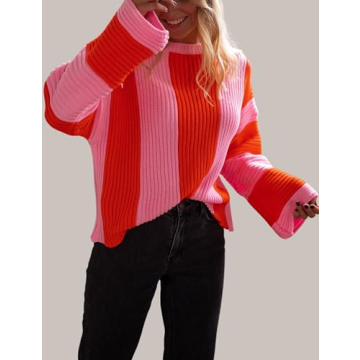InterNos Womens Striped Bell Sleeve Pullover Sweater Loose Color Block Crew Neck Vertical Knitwear(0957-Pink-XS)