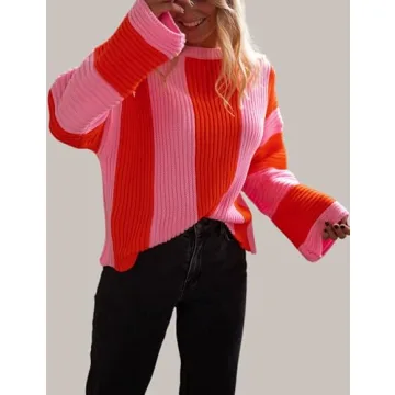 InterNos Womens Striped Bell Sleeve Pullover Sweater Loose Color Block Crew Neck Vertical Knitwear(0957-Pink-XS)