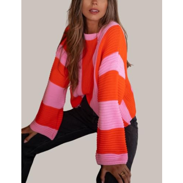 InterNos Womens Striped Bell Sleeve Pullover Sweater Loose Color Block Crew Neck Vertical Knitwear(0957-Pink-XS)