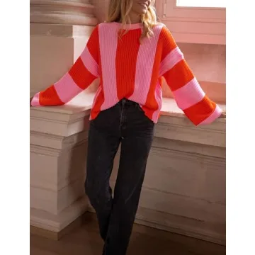 InterNos Womens Striped Bell Sleeve Pullover Sweater Loose Color Block Crew Neck Vertical Knitwear(0957-Pink-XS)