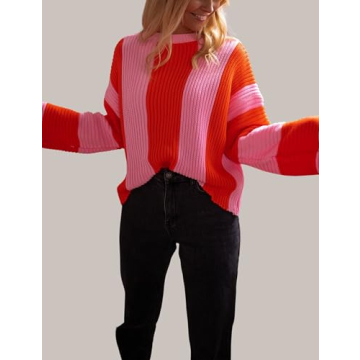 InterNos Womens Striped Bell Sleeve Pullover Sweater Loose Color Block Crew Neck Vertical Knitwear(0957-Pink-XS)