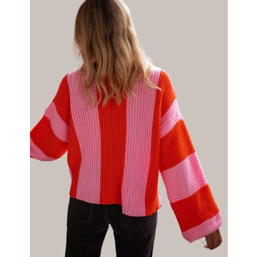 InterNos Womens Striped Bell Sleeve Pullover Sweater Loose Color Block Crew Neck Vertical Knitwear(0957-Pink-XS)