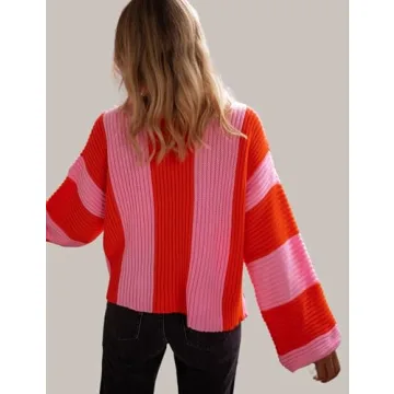 InterNos Womens Striped Bell Sleeve Pullover Sweater Loose Color Block Crew Neck Vertical Knitwear(0957-Pink-XS)