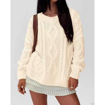BTFBM Casual Women Long Sleeve Sweater 2025 Fall Ribbed Knit Pullover Loose Crewneck Cable Sweater Jumper Tops(Solid Apricot,Large)