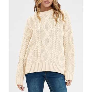 BTFBM Casual Women Long Sleeve Sweater 2025 Fall Ribbed Knit Pullover Loose Crewneck Cable Sweater Jumper Tops(Solid Apricot,Large)