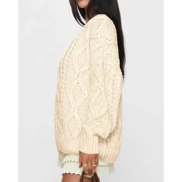 BTFBM Casual Women Long Sleeve Sweater 2025 Fall Ribbed Knit Pullover Loose Crewneck Cable Sweater Jumper Tops(Solid Apricot,Large)